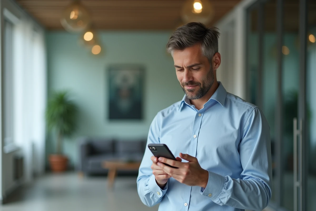 Homme vérifiant des avis sur son smartphone dans un bureau
