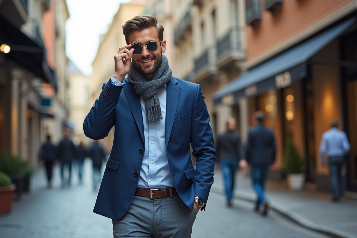 Jeune homme en blazer bleu sur une rue urbaine animée