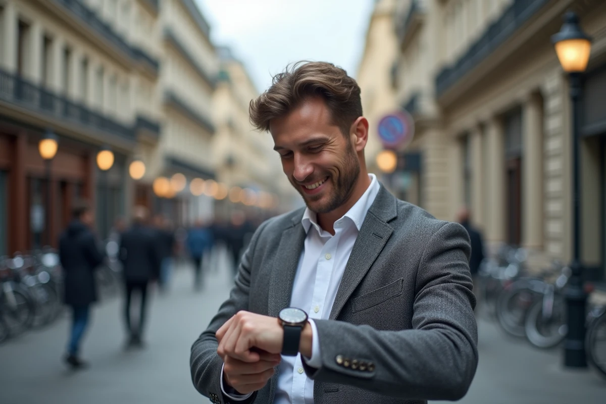 Homme regardant sa montre dans une rue animée