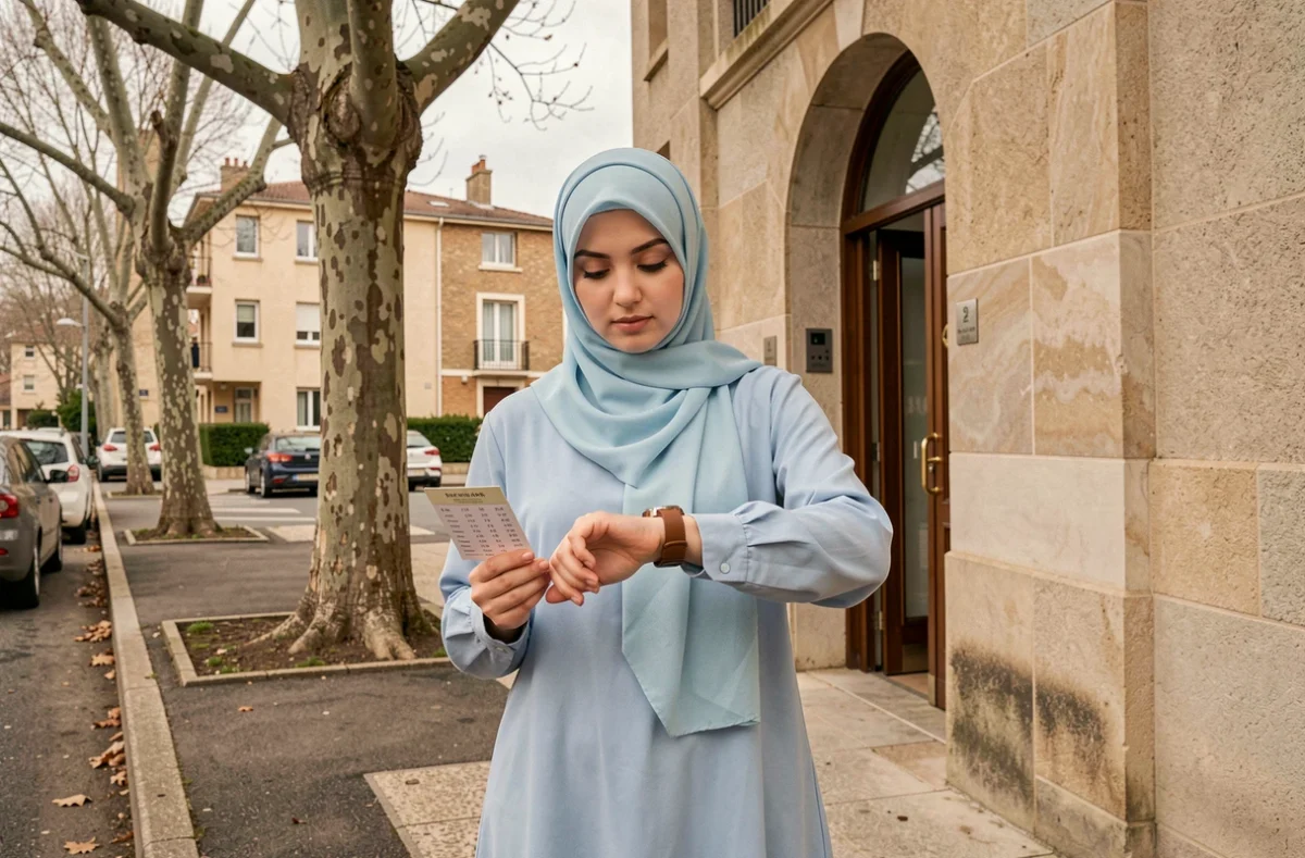 Femme musulmane consultant les horaires de prières du ramadan devant une mosquée à Neuilly-sur-Marne