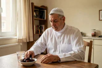 Homme musulman assis à table pour l'iftar du ramadan dans un appartement de Neuilly-sur-Marne