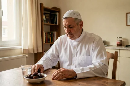 Homme musulman assis à table pour l'iftar du ramadan dans un appartement de Neuilly-sur-Marne