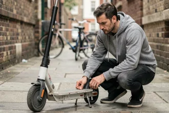 Homme inspectant une trottinette électrique d'occasion sur un trottoir urbain, vérifiant l'état des roues et du plateau