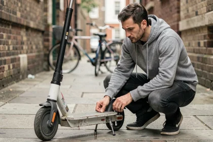 Homme inspectant une trottinette électrique d'occasion sur un trottoir urbain, vérifiant l'état des roues et du plateau