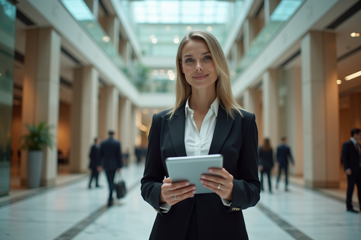 Jeune femme banquière avec tablette dans hall moderne