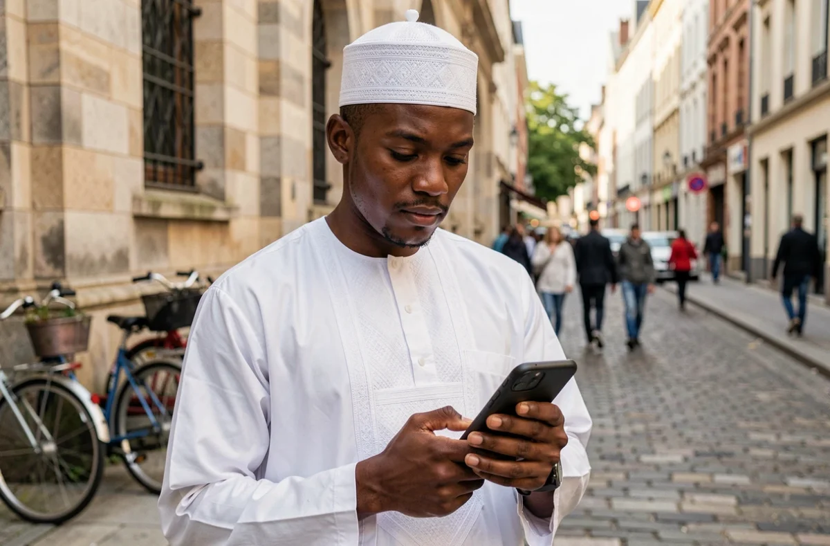 Jeune homme comorien consultant les actualités des Comores sur smartphone devant une mosquée en Europe