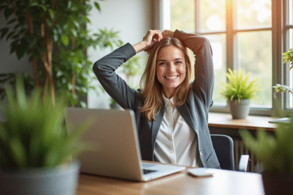 Jeune femme souriante dans un bureau lumineux et verdoyant
