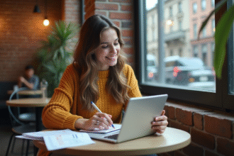 Jeune femme en casual au café avec tablette et documents