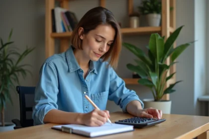 Jeune femme concentrée utilisant une calculatrice dans un bureau cosy