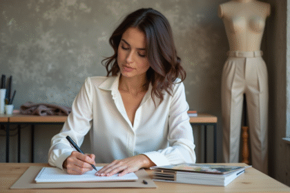 Jeune femme française esquissant des designs de mode dans un atelier