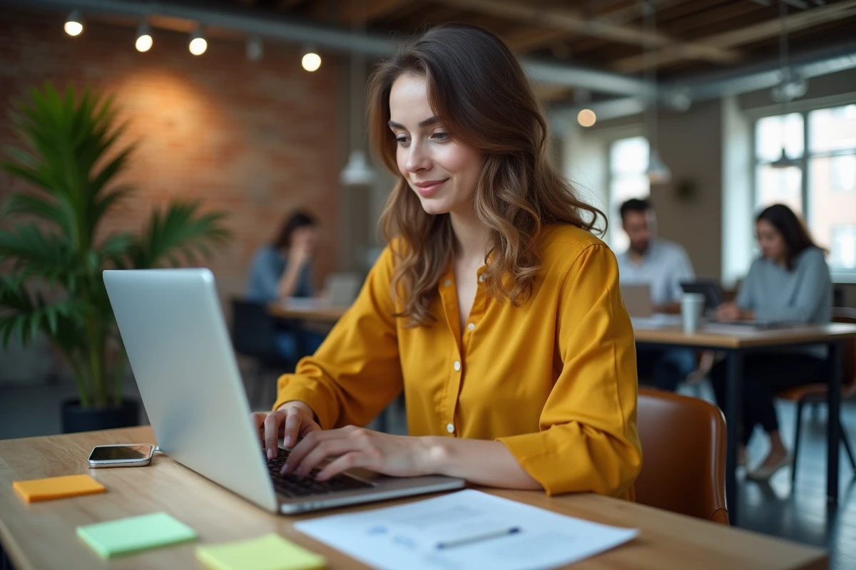 Jeune femme gérant son dossier Le Bon Coin dans un espace de coworking avec checklist et notes