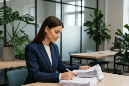 Jeune femme entrepreneure en bureau moderne avec documents