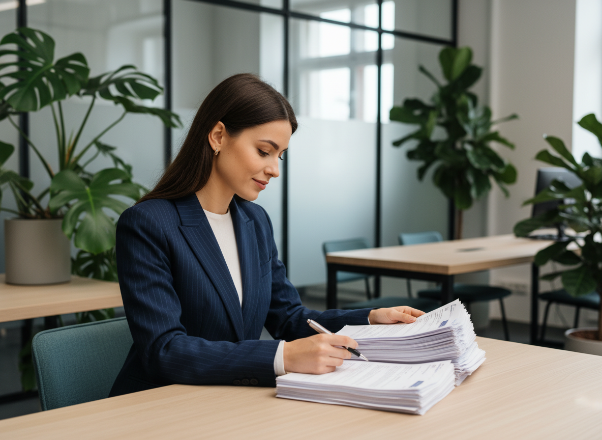 Jeune femme entrepreneure en bureau moderne avec documents