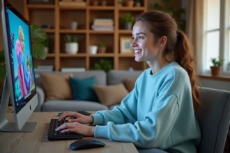Jeune femme souriante sur son ordinateur dans un salon cosy