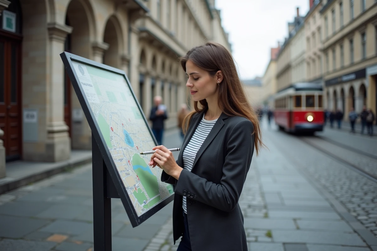 Jeune femme écrivant sur un carnet devant un plan de ville belge
