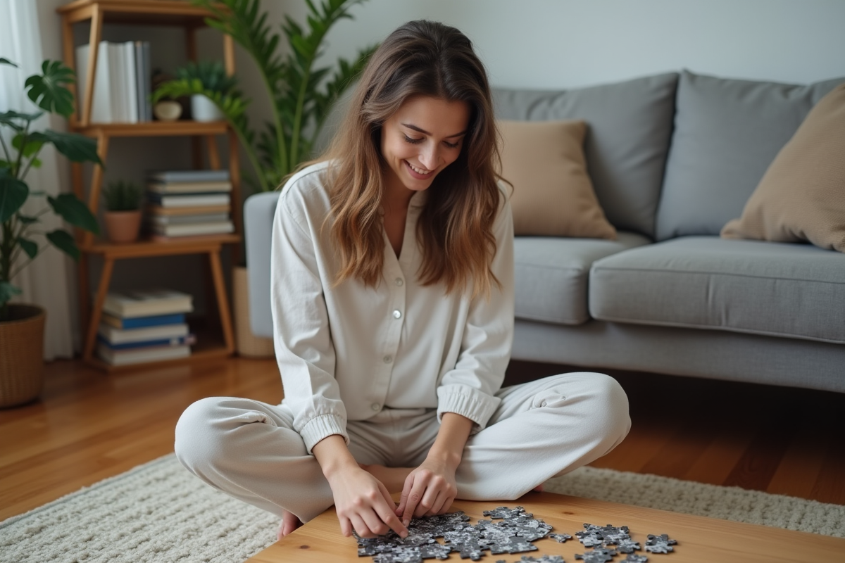Jeune femme en loungewear assemble un puzzle dans un salon cosy