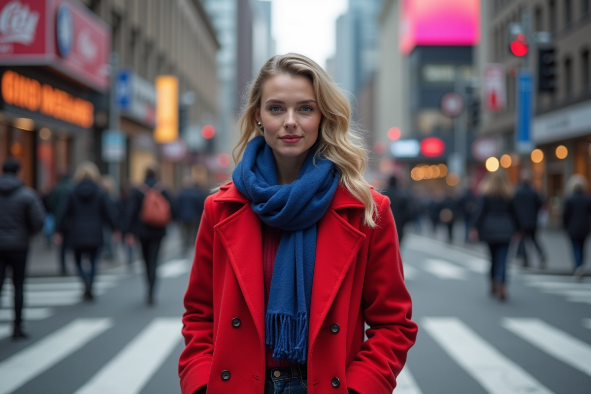 Jeune femme en manteau rouge dans une ville animée
