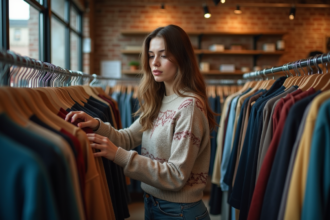 Jeune femme en vintage dans une friperie urbaine