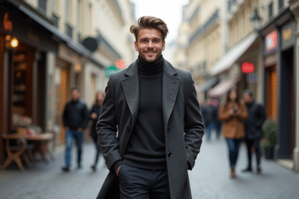 Jeune homme élégant marchant dans une rue parisienne