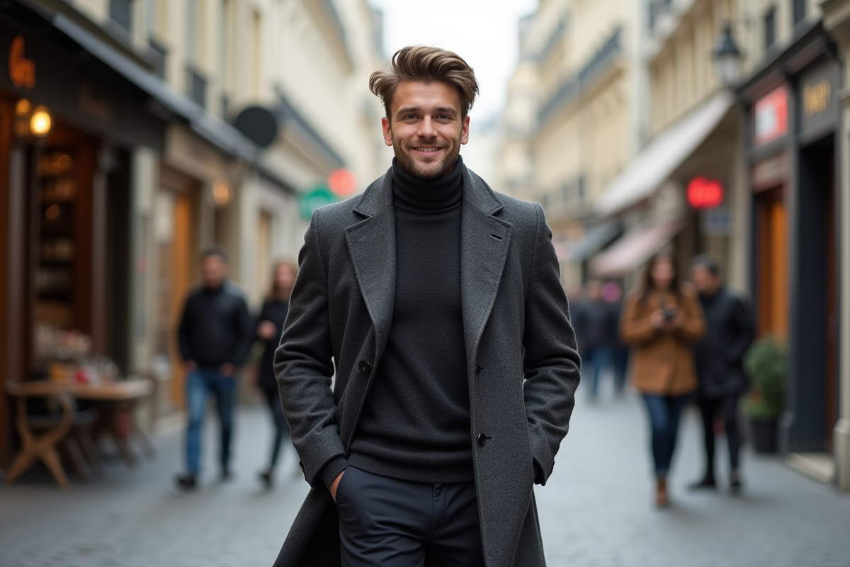Jeune homme élégant marchant dans une rue parisienne