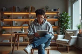 Jeune homme lisant un manga sur une tablette dans un salon cosy
