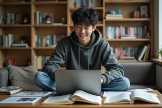 Jeune homme lisant manga sur ordinateur dans un appartement