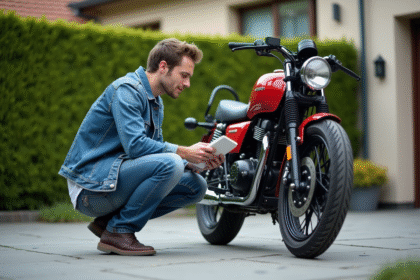 Jeune homme vérifiant une moto 125cc dans une cour résidentielle