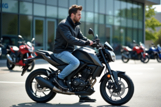 Jeune homme en textile moderne et jeans sur une moto 125cc