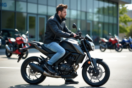 Jeune homme en textile moderne et jeans sur une moto 125cc