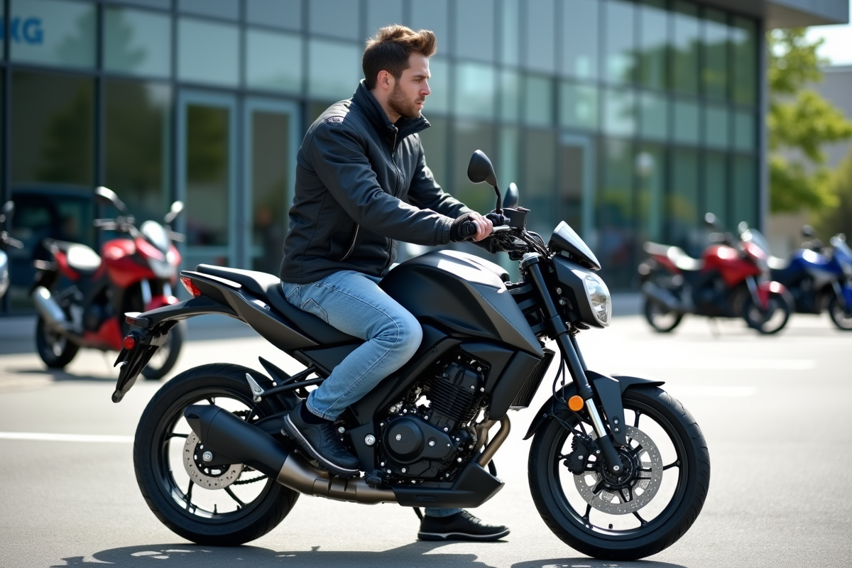 Jeune homme en textile moderne et jeans sur une moto 125cc
