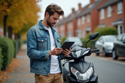 Jeune homme avec moto 125cc et tablette en main