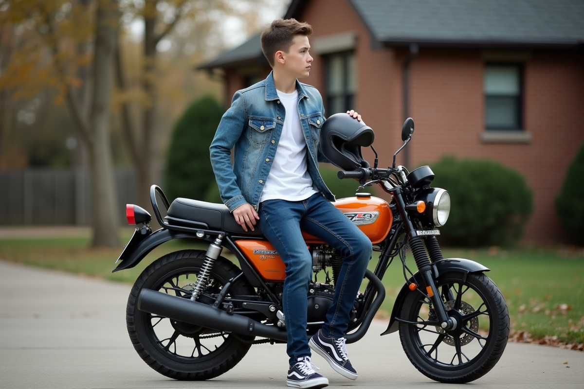 Adolescent en denim sur une moto dans la cour