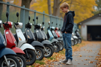 Jeune garçon examinant des motos 50 cc d'occasion en extérieur