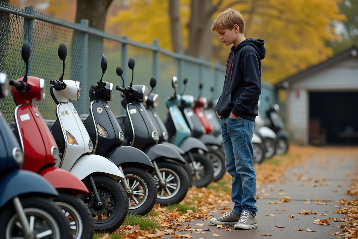 Jeune garçon examinant des motos 50 cc d'occasion en extérieur