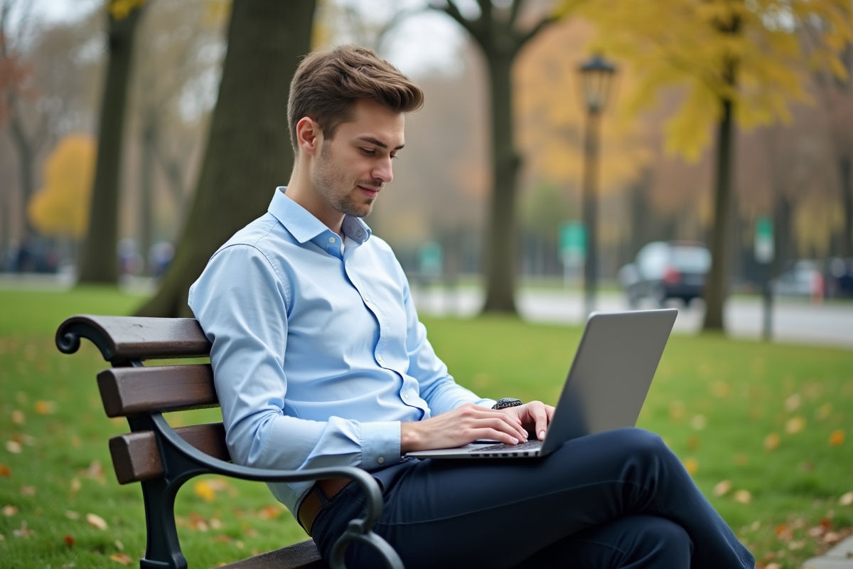 Jeune homme travaillant sur son ordinateur dans un parc