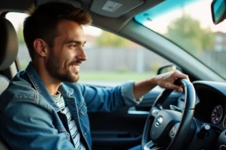 Jeune homme ajustant la radio dans sa voiture moderne