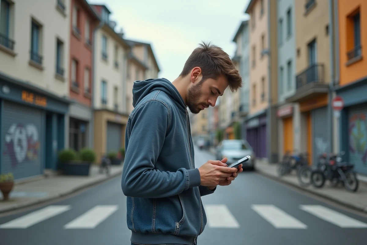 Jeune homme consulte son smartphone à l intersection Lilas