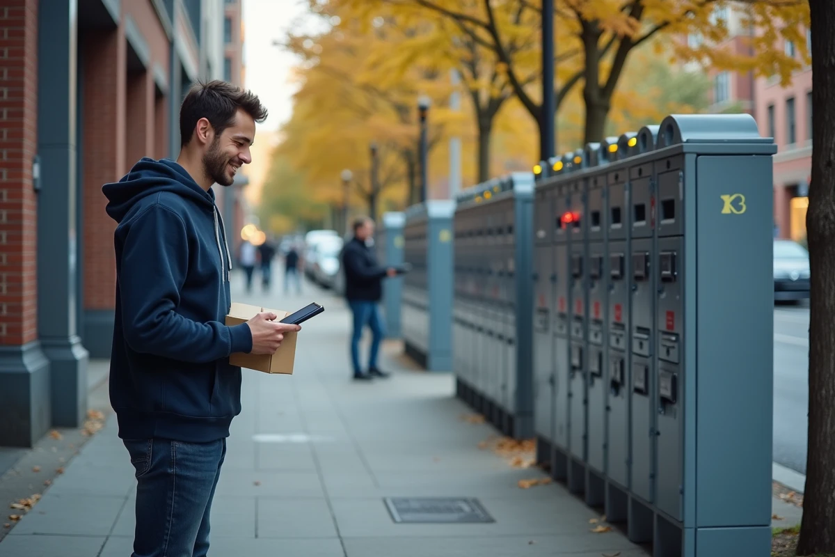 Jeune homme scannant un colis dans une station de lockers