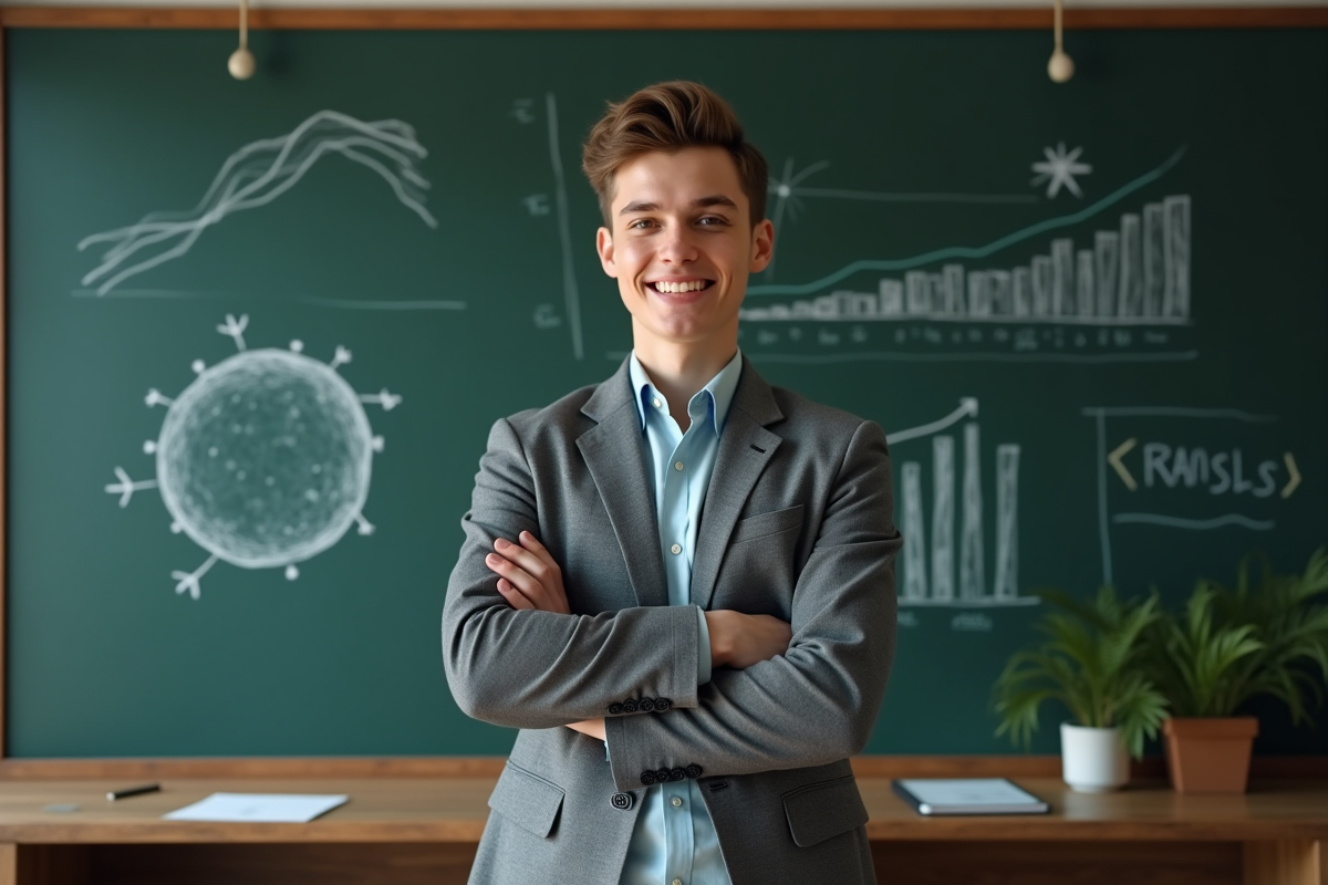 Jeune professionnel devant un tableau financier motivant