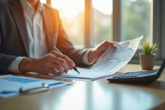 Jeune professionnel analysant une fiche de paie au bureau