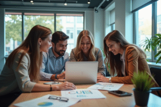 Groupe de jeunes professionnels en réunion dans un bureau moderne