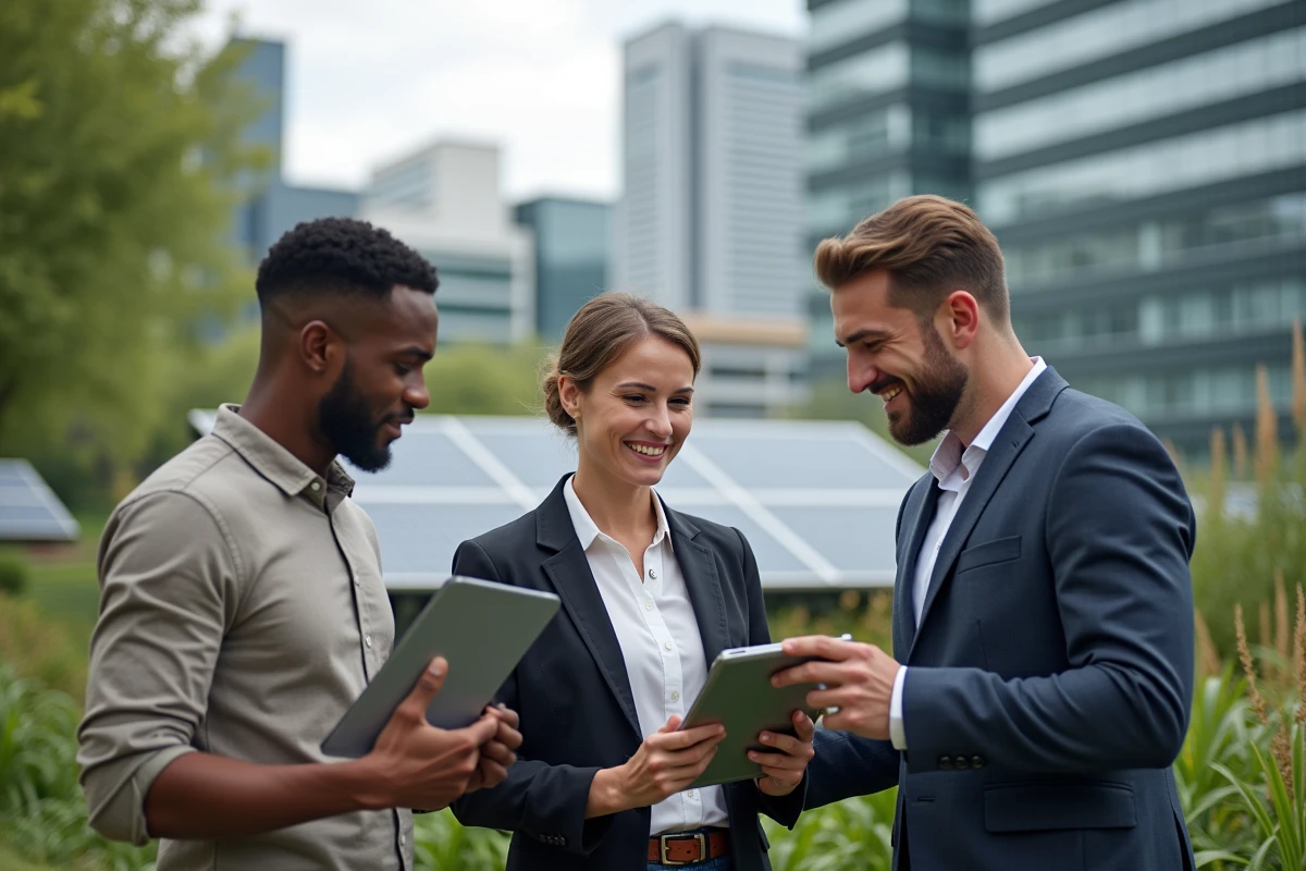 Groupe de jeunes professionnels discutant avec tablettes en extérieur