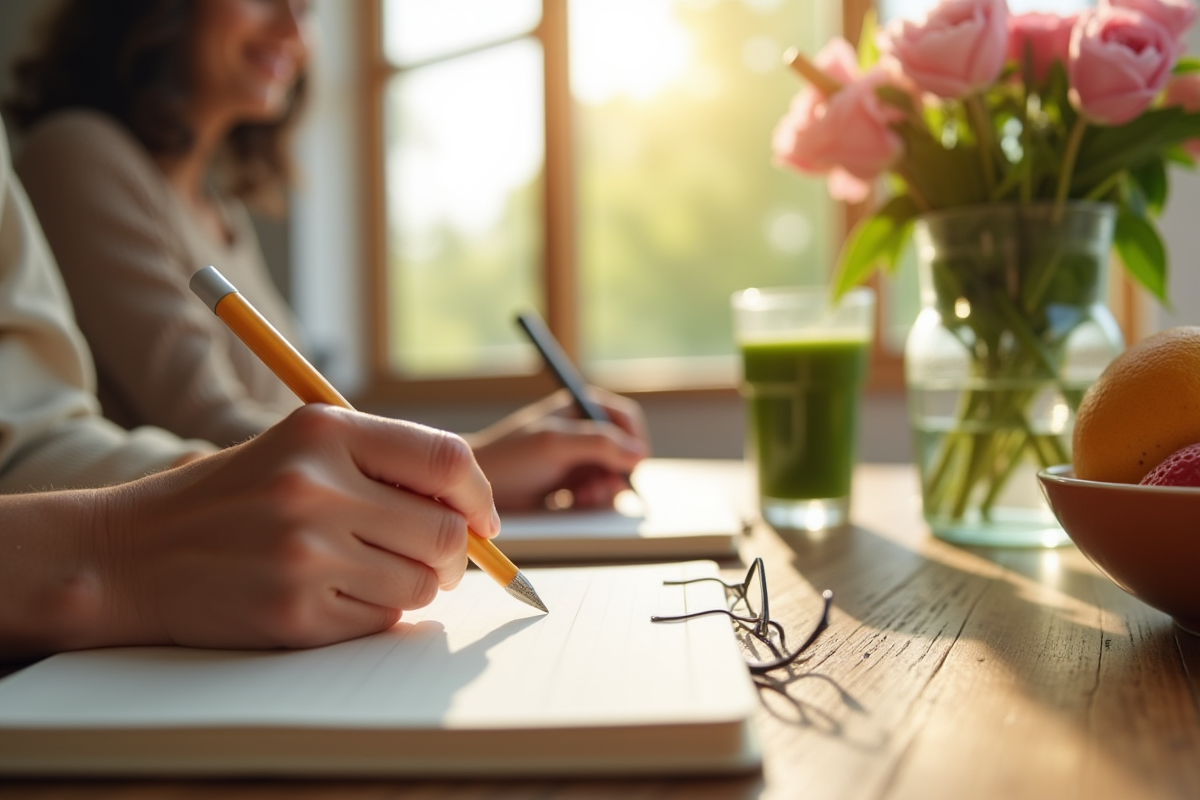 Mains écrivant dans un journal avec fruits et smoothie