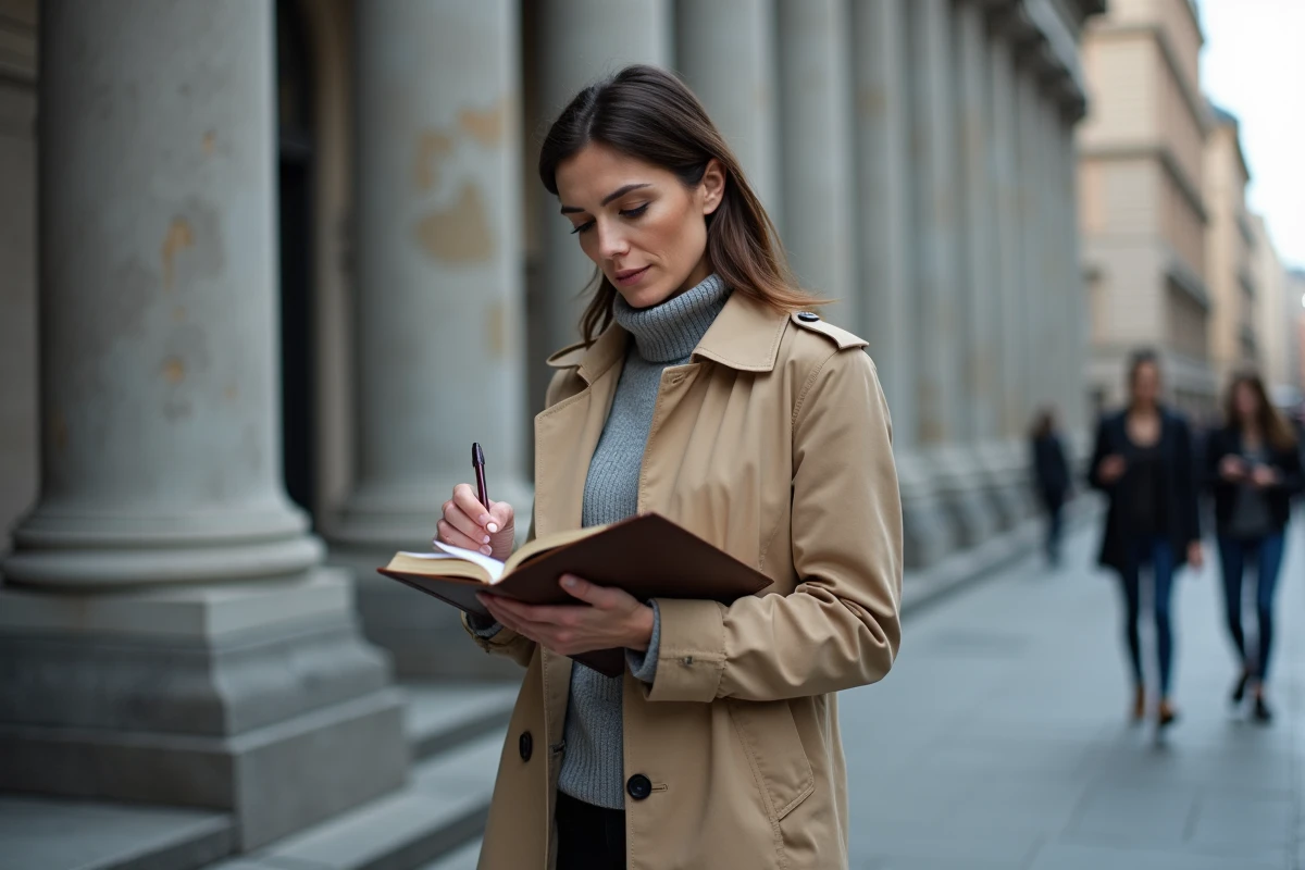 Journaliste d'investigation devant un palais de justice américain tenant un carnet de notes, illustrant l'enquête autour de l'affaire Ruth Finley
