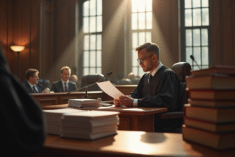 Juice lisant des documents dans une salle de justice moderne