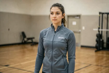 Portraiit en trois quarts d'une jeune athlète professionnelle en tenue d'entraînement dans une salle de sport intérieure, regard déterminé et posture confiante