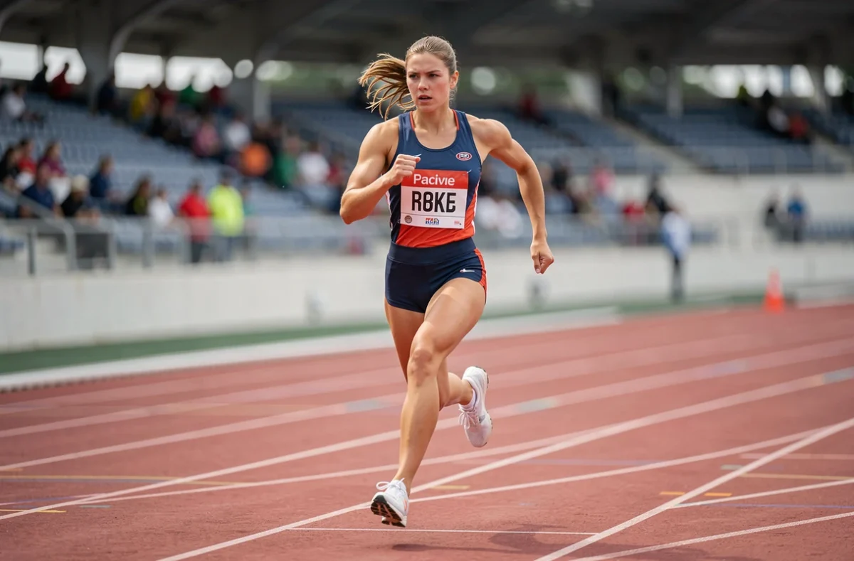 Athlète féminine en plein effort sur une piste d'athlétisme extérieure lors d'une compétition officielle, dossard visible et posture dynamique en course