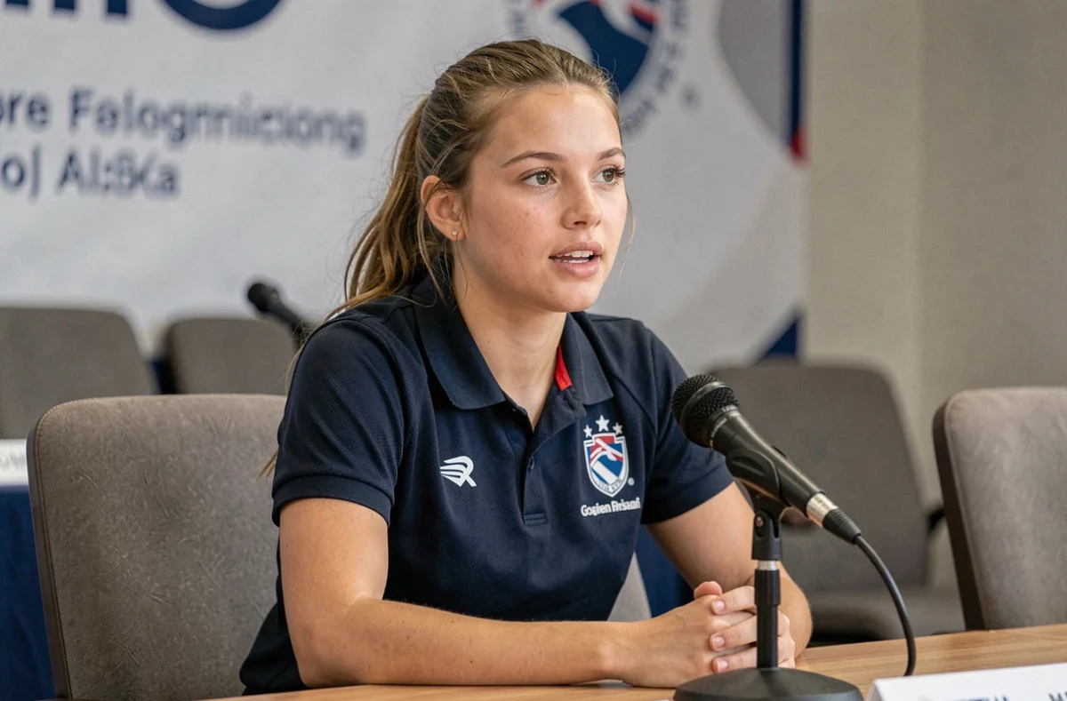 Jeune athlète française en conférence de presse, assise face à un microphone avec une expression engagée, dans une salle officielle aux couleurs de sa fédération sportive