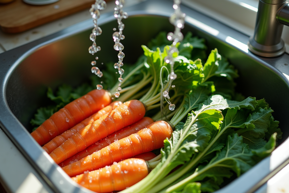 Carottes et epinards frais lavés sous l
