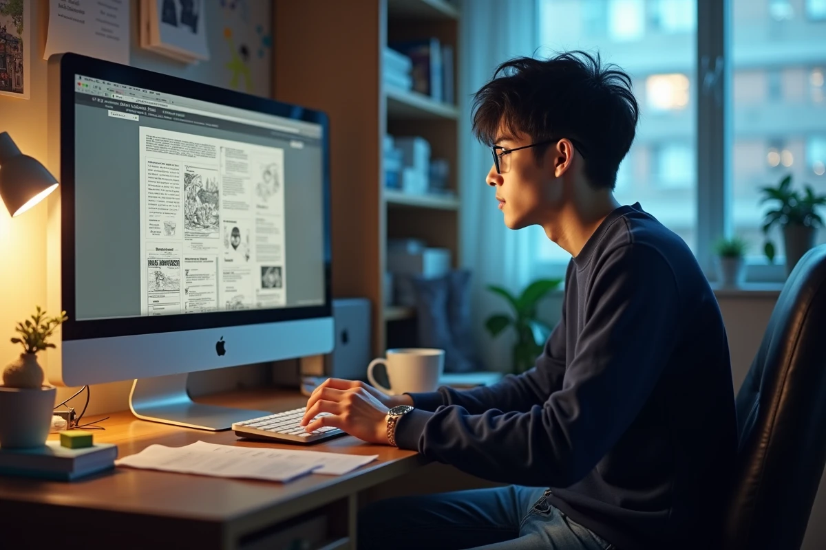 Jeune homme consultant des scans VF de webtoon sur un ordinateur de bureau dans une chambre d'étudiant